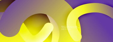 Soyut tasarım özellikleri üst üste binen kavisli katmanlar. Sarı, mor renkler dinamik görsel efekt yaratır. Modern, minimalist estetik.