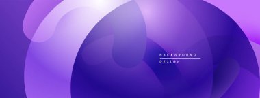 Soyut mor arkaplan. Üst üste binen şekiller akışkan ve modern tasarım yaratır. Gradyan renkler görsel derinlik, basitlik sunar.