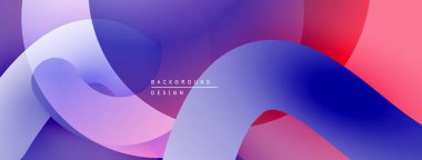 Soyut akışkan şekiller harmanlanır ve canlı gradyanlar oluşturur. Mor, pembe, mavi renkler kompozisyona hakim. Modern tasarım ögesi.