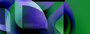 Soyut geometrik şekiller çakışıyor. Canlı maviler, morlar, yeşiller dinamik görsel efektler yaratır. Arka planlar için modern tasarım ögesi.
