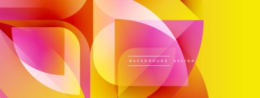 Soyut geometrik şekiller örtüşüyor, canlı renk eğimleri yaratıyor. Sarı, turuncu, pembe renkler kompozisyona hakim. Modern tasarım ögesi.
