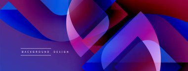 Soyut geometrik şekiller canlı mavileri, morları, kırmızıları harmanlarlar. Üst üste binen katmanlar dinamik görsel doku yaratır. Arkaplan tasarım ögesi mevcut.