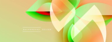 Soyut geometrik şekiller örtüşüyor, canlı renk eğimleri yaratıyor. Yumuşak sarı arka plan yeşil, turuncu renkleri tamamlar. Modern tasarım ögesi.