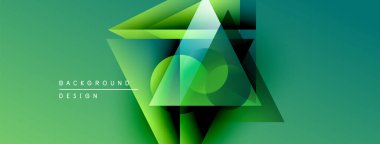 Soyut geometrik şekiller örtüşür, canlı yeşil gradyan arkaplan oluşturur. Modern tasarım elementleri yenilik ve teknoloji öneriyor.