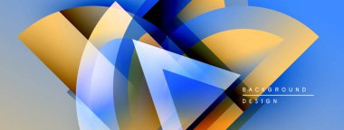 Soyut geometrik şekiller örtüşür, dinamik görsel efekt yaratır. Mavi, altın, siyah renkler kompozisyona hakim. Modern tasarım ögesi.