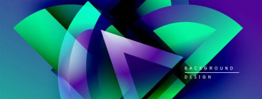 Soyut geometrik şekiller örtüşür, parlak mavi, yeşil ve mor renkler yaratır. Modern tasarım teknoloji, yenilik ve enerji öneriyor.