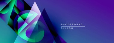 Soyut geometrik şekiller, canlı maviler, morlar modern arka plan yaratır. Dinamik bileşim, parlak tasarım elementleri mevcut.