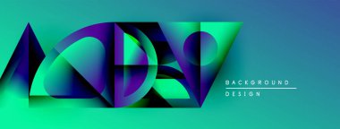 Soyut geometrik şekiller örtüşüyor, canlı mavi, mor, yeşil gradyanlar yaratıyor. Arkaplan ve sunumlar için modern tasarım ögesi.