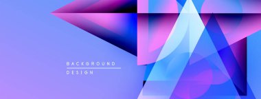 Soyut geometrik şekiller mor, mavi renkleri harmanlarlar. Modern tasarım katmanlı üçgenler, kareler içerir. Gradyan efektler dinamik görsel ilgi yaratır.