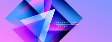 Soyut geometrik şekiller örtüşüyor, canlı mor ve mavi renkler yaratıyor. Modern tasarım elementleri fütüristik estetik.