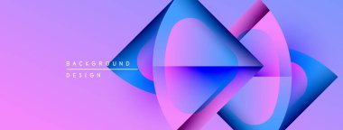 Soyut geometrik şekiller örtüşüyor, canlı mor ve mavi renkler yaratıyor. Modern tasarım elementleri teknoloji ve yenilik öneriyor.