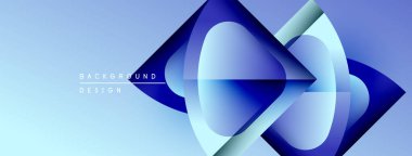 Soyut mavi tasarım katmanlı geometrik şekiller içerir. Gradyan arka plan modern görsel efekt yaratır. Minimalist stil.