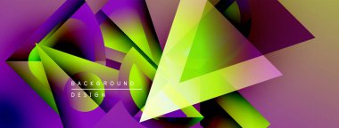 Soyut geometrik şekiller örtüşüyor, canlı mor ve yeşil renkler yaratıyor. Modern tasarım elementleri dinamik enerji ve görsel doku öneriyor.