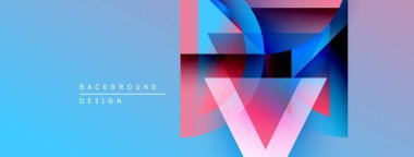 Soyut geometrik tasarım. Mavi gradyan arka plan, V harfini oluşturan katmanlı şekiller, projeler için modern görsel element..