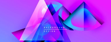 Soyut geometrik şekiller canlı mor, mavi renkleri harmanlarlar. Modern tasarım, katmanlı üçgenler, gradyanlar, metin elementleri.