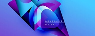 Soyut geometrik şekiller, canlı maviler, morlar dinamik arkaplan oluşturur. Modern tasarım elementleri yenilik ve enerji öneriyor.