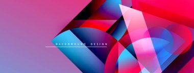 Soyut geometrik şekiller örtüşüyor, canlı renk eğimleri yaratıyor. Pembe, mavi, morumsu baskın kompozisyon. Modern tasarım ögesi.