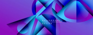 Soyut geometrik şekiller canlı mor, mavi renkleri harmanlarlar. Modern tasarım dinamik görsel deneyim yaratır. Minimalist metin örtüsü mevcut.