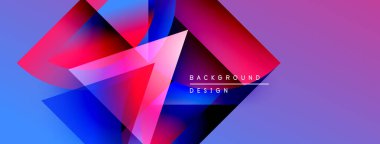 Soyut geometrik şekiller örtüşüyor, canlı renk eğimleri yaratıyor. Mor, mavi, pembe, kırmızı renkler tasarımda baskın. Modern estetik.