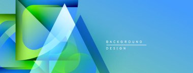 Soyut geometrik şekiller örtüşür, parlak mavi, yeşil eğimler yaratır. Sağ tarafta basit metin arkaplan tasarımı var. Modern, temiz estetik.