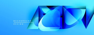 Soyut mavi tasarım katmanlı geometrik şekiller içerir. Modern estetik, canlı renkler, pürüzsüz gradyanlar dinamik görsel etki yaratır.