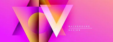 Soyut geometrik tasarım. Pembe, mor, sarı renkler katmanlı üçgenler oluşturur, daire. Sunumlar ve grafikler için modern arkaplan.