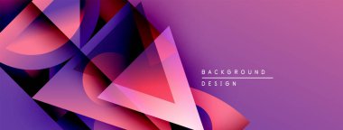 Soyut geometrik şekiller örtüşüyor, canlı mor ve pembe renkler yaratıyor. Modern tasarım dinamik enerji ve görsel doku öneriyor..