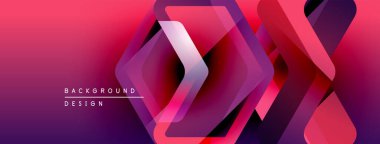 Soyut geometrik şekiller, pembe ve mor renkle örtüşür. Modern tasarım teknoloji, yenilik ve enerji öneriyor. Arkaplanda metin ögeleri.