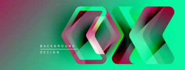 Soyut geometrik tasarım. Canlı gradyanlar katmanlı şekiller oluşturur, modern estetik. Metin arkaplan tasarımı okur.