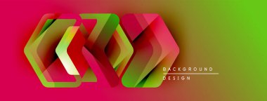 Soyut geometrik şekiller örtüşüyor, canlı renk eğimleri yaratıyor. Tasarım kırmızı, yeşil ve sarı renklere sahiptir. Modern arkaplan ögesi.