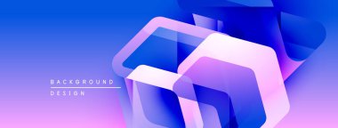 Soyut geometrik şekiller örtüşüyor, parlak mavi ve mor renkler yaratıyor. Modern tasarım dinamik ve enerjik hissettiriyor. Arkaplan teknoloji ve yenilik öneriyor.