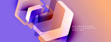 Soyut geometrik şekiller örtüşüyor, canlı mor, turuncu gradyan oluşturuyor. Arkaplan ve sunumlar için modern tasarım ögesi.