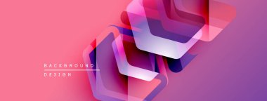 Soyut geometrik şekiller örtüşerek canlı pembe eğimli arkaplan oluşturur. Modern tasarım elementleri yenilik ve teknoloji öneriyor.