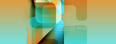 Soyut geometrik şekiller örtüşüyor, canlı renk geçişleri yaratıyor. Modern tasarım deniz mavisi, turuncu, kahverengi renkler içerir. Minimalist stil.