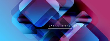 Soyut geometrik şekiller örtüşür, parlak mavi, mor ve pembe renkler yaratır. Modern tasarım elementleri akıcılık ve dinamizmi önerir.