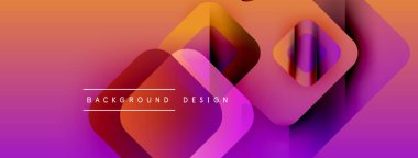 Soyut geometrik şekiller canlı turuncu ve mor renkleri harmanlarlar. Modern tasarım katmanlı kareler, dikdörtgenler dinamik görsel efekt yaratır.