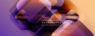 Soyut geometrik şekiller örtüşüyor, canlı mor, turuncu renkler yaratıyor. Modern tasarım metin arkaplan tasarımı içerir. Yumuşak geçişler, dinamik kompozisyon.