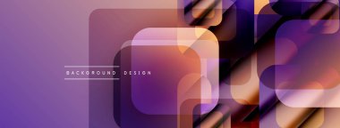 Soyut mor tasarım üst üste binen kareler içeriyor. Gradyan renkler modern, dinamik görsel efekt yaratır. Metin arkaplan tasarımı okur.