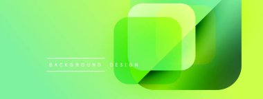 Parlak yeşil arkaplan, üst üste binen kare katmanlar. Gradyan gölgeler modern, dinamik görsel efektler yaratır. Metin arkaplan tasarımı okur.