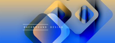 Soyut geometrik şekiller örtüşür, parlak mavi ve sarı renkler yaratır. Modern tasarım elementleri teknoloji ve yenilik öneriyor. Yumuşak geçişler bileşimi tanımlar.