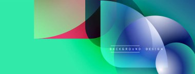 Soyut geometrik şekiller çakışıyor. Canlı turkuaz, mavi, kırmızı renkler düzgün bir şekilde harmanlanır. Modern tasarım dijital sanat ve akışkan hareketi öneriyor.