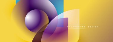 Soyut geometrik şekiller örtüşüyor, canlı renk eğimleri yaratıyor. Sarı arka planda baskın, mor aksanlar mevcut. Modern tasarım ögesi.