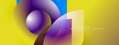Soyut geometrik şekiller çakışıyor. Canlı sarı, mor, mavi gradyanlar dinamik bileşim oluşturur. Arka planlar için modern tasarım ögesi.
