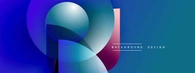 Soyut geometrik şekiller örtüşür, canlı mavi gradyan etki yaratır. Modern tasarım elementleri teknoloji ve yenilik öneriyor.