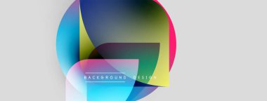 Soyut renkli şekiller örtüşür, dinamik görsel efekt yaratır. Modern tasarım elementleri akıcılık, enerji ve yenilik öneriyor. Arkaplan açık gri.