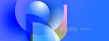 Soyut mavi tasarım, üst üste binen daireler, kareler. Gradyan renkler dinamik görsel efekt yaratır. Modern estetik.