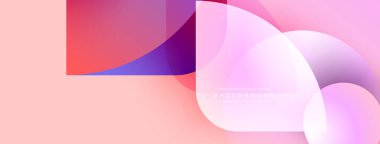 Soyut şekiller örtüşüyor, canlı gradyanlar yaratıyor. Pembe arka planda baskın, mor aksanlar mevcut. Modern tasarım ögesi.