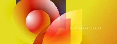 Soyut geometrik şekiller, canlı sarı arkaplan, turuncu gradyanlar, modern tasarım elementleri. Düz eğriler dinamik bileşim oluşturur.