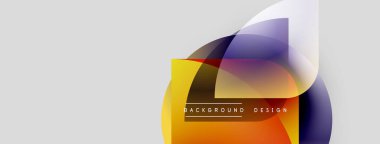 Soyut tasarım özellikleri üst üste binen renkli şekiller. Sarı, mor, mavi renkler dinamik görsel efekt yaratır. Minimalist arkaplan sunumu.