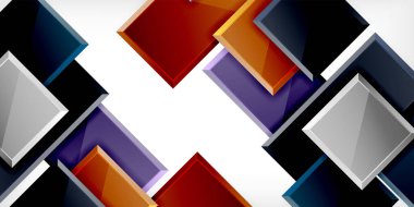 Soyut geometrik şekiller örtüşür, dinamik bileşim yaratır. Koyu arkaplan parlak kareler, dikdörtgenler, renkler ile çelişiyor. Modern tasarım.